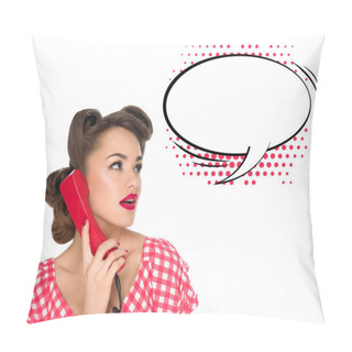 Personality  Portrait Of Pin Up Woman Talking On Old Telephone With Empty Speech Bubble Isolated On White Pillow Covers