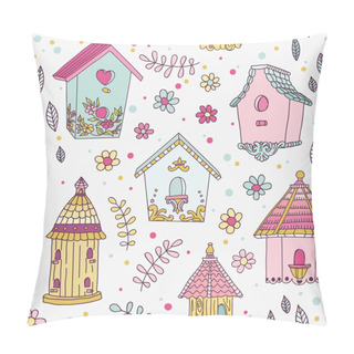Personality  Cute Bird House Background - Seamless Pattern - In Vector Pillow Covers