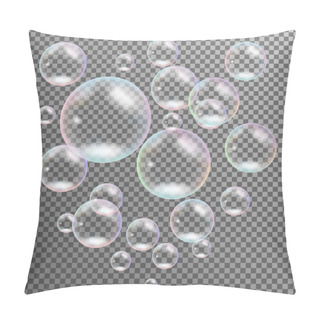 Personality  Realistic Transparent Multicolored Soap Bubbles Isolated Vector Pillow Covers