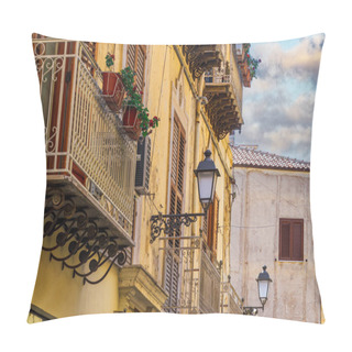 Personality  Agrigento Traditional Architecture Houses With Iron Balconies, Lanterns And Decayed Facade In Sicily, Italy. Pillow Covers