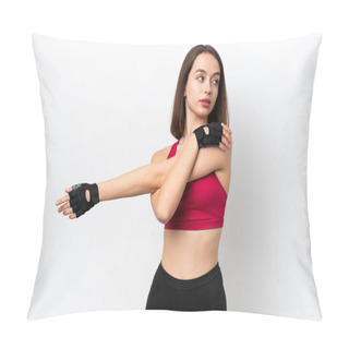 Personality  Young Ukrainian Woman Isolated On White Background Stretching Arm Pillow Covers