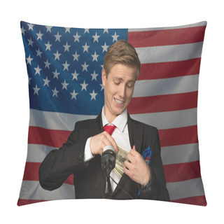 Personality  Man Holding Cash On Tribune On American Flag Background Pillow Covers