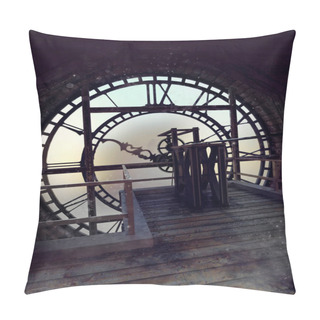 Personality  Fantasy Scene With A Clock Mechanism Inside An Old City Tower Clock. 3D Render. Pillow Covers