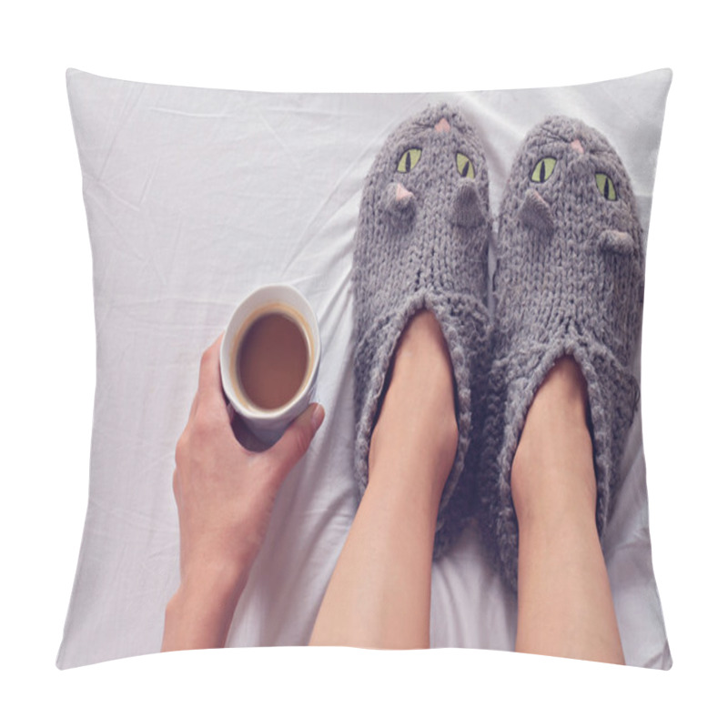 Personality  Woman wearing cozy warm wool socks close up. Warmth concept. Winter clothes. pillow covers