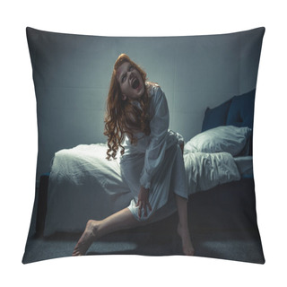 Personality  Demonic Creepy Girl In Nightgown Shouting In Bedroom Pillow Covers
