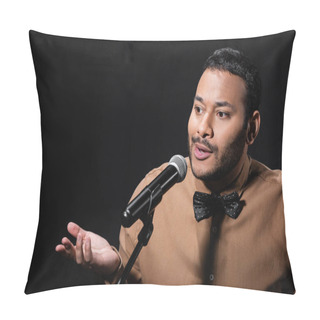 Personality  Confused Eastern Stand Up Comedian Telling Jokes Into Microphone On Stand Isolated On Black  Pillow Covers