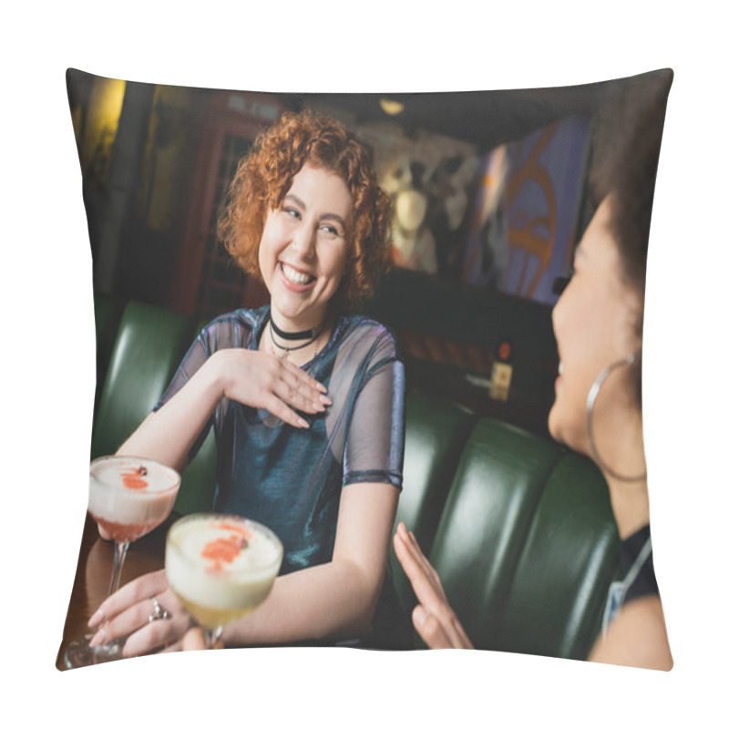 Personality  Positive Redhead Woman Holding Clover Club Cocktail Near African American Friend In Bar  Pillow Covers