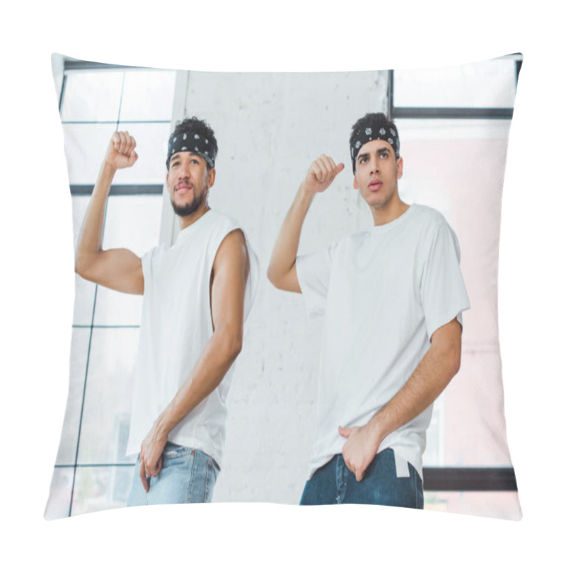 Personality  Handsome Multicultural Dancers In Headbands Posing While Dancing Hip-hop Pillow Covers
