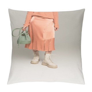 Personality  Cropped View Of Trendy Woman In Satin Skirt Holding Bag On Grey Pillow Covers