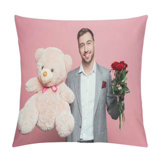 Personality  Smiling Man Holding Teddy Bear And Roses, Isolated On Pink Pillow Covers