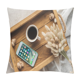 Personality  Top View Of Cup Of Coffee And Smartphone With Ios Homescreen Website On Screen On Tray With Lagurus Ovatus Bouquet On Concrete Surface Pillow Covers