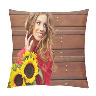 Personality  Fashion Woman With Sunflower At Outdoor. Pillow Covers