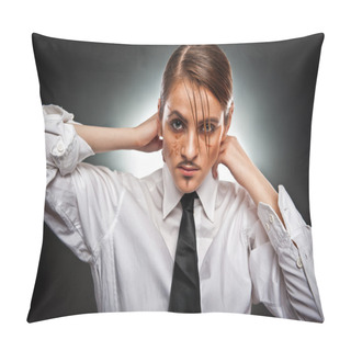 Personality  Girl In White Shirt And False Mustache On Her Face Pillow Covers