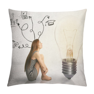 Personality  Woman Sitting In Front Of Light Bulb Thinking Has Many Thoughts Life Ideas  Pillow Covers