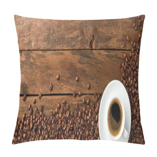 Personality  Black Coffee Cup With Beans On Retro Wooden Background With Copyspace. Top View. Banner Pillow Covers