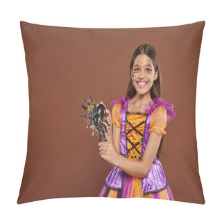 Personality  Joyous Girl In Halloween Costume With Spiderweb Makeup Holding Fake Spider On Brown Backdrop, Spooky Pillow Covers