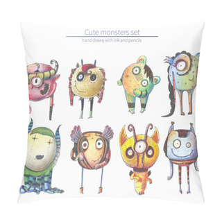 Personality  Set Of Cute And Lovely Hand Drawn Monsters, Drawn With Pencils And Ink On White Background. Raster Large Illustration With Collection Of Different Fictional Characters With Strange Fantasy Anatomy. Pillow Covers