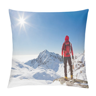 Personality  Mountaineer Looking At A Snowy Mountain Landscape Pillow Covers