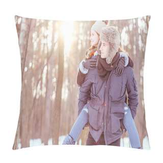 Personality  Young Couple Is Walking In The Forest During Winter. Nice Scenery For Romantic Walk Pillow Covers