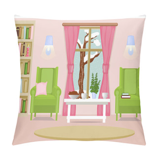 Personality  The Interior Of The Living Room. Cozy Living Room With Furniture, A Winter Landscape The First Snow Falls. Cartoon. Vector Illustration. Pillow Covers