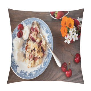 Personality  Cherry Crumble Dessert With Strawberries And Vanilla Cream, Served On A Blue Plate. Cherries, Strawberries, Flowers Behind. Dark Wooden Background, Top View Pillow Covers