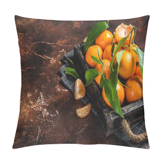 Personality  Fresh Mandarin Oranges Or Tangerines Fruits With Leaves. Dark Background. Top View. Copy Space. Pillow Covers