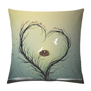 Personality  Family Home Idea, Magic Tree Of Spring Love, Tree With Heart With Nest And Two White Birds Inside, Sweet Home, Together Forever, Pillow Covers