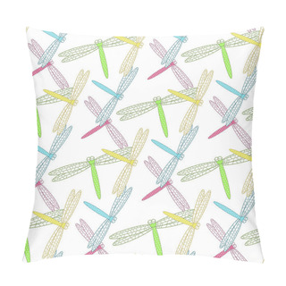 Personality Seamless Background Of Colorful Dragonflies On A White Background Pillow Covers