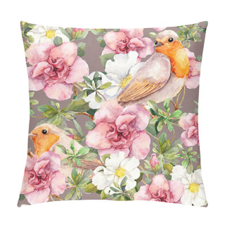 Personality  Watercolor Vintage Birds And Retro Flowers . Seamless Floral Pattern. Pillow Covers