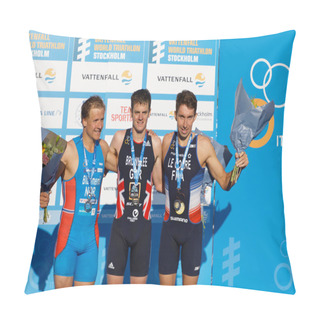 Personality  STOCKHOLM - AUG 26, 2017: Jonathan Brownlee, Kristian Blummenfelt And Pierre Le Corre On The Winner's Stand In The Men's ITU World Triathlon Series Event Augist 26, 2017 In Stockholm, Sweden Pillow Covers