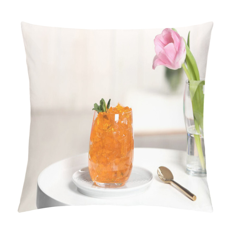 Personality  Glass Of Jelly And Flower On Table Against Blurred Background Pillow Covers
