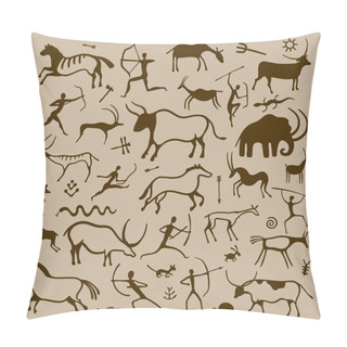 Personality  Cave Art. Hand Drawn Primitive Ancient Symbols Of Prehistoric Hunters Animals Plants, History And Anthropology Drawing. Vector Isolated Set Of Ethnic History Ancient Civilization Illustration Pillow Covers