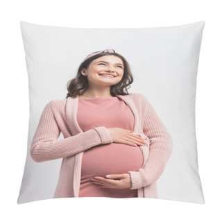 Personality  Pregnant Woman In Cardigan And Headband Touching Belly Isolated On White Pillow Covers