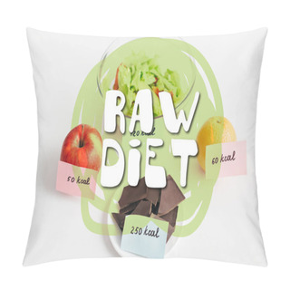 Personality  Fresh Fruits, Chocolate And Salad With Calories On Cards On White Background, Raw Diet Illustration Pillow Covers