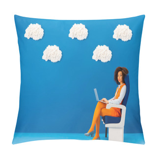 Personality  African American In Retro Dress Sitting On Seat And Holding Laptop On Blue Background With Clouds  Pillow Covers