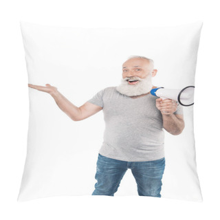 Personality  Excited Senior Man With Loudspeaker Pillow Covers