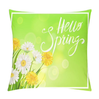 Personality  Spring Daisies, Chamomiles Dandelions Juicy Green Lettering Spring Grass Background Template For Banners, Web, Flyer. Vector Illustration Isolated. Pillow Covers