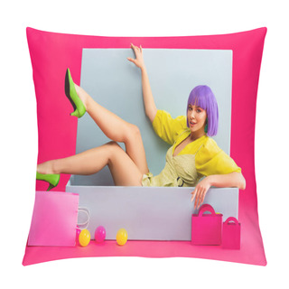 Personality  Beautiful Emotional Girl In Purple Wig As Doll Lying In Blue Box With Shopping Bags And Balls, On Pink Pillow Covers
