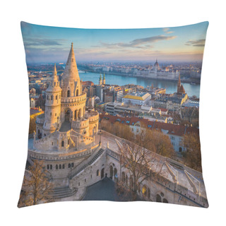 Personality  Budapest, Hungary - The Main Tower Of The Famous Fisherman's Bastion (Halaszbastya) From Above With Parliament Building And River Danube At Background On A Sunny Morning Pillow Covers