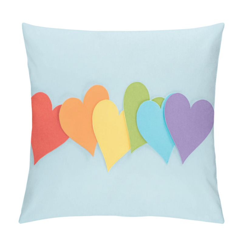 Personality  rainbow colored paper hearts on blue background, lgbt concept pillow covers