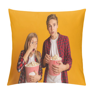 Personality  Scared Brother And Sister Holding Popcorn Buckets And Looking At Camera Pillow Covers