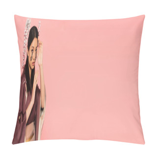 Personality  Japanese Woman With Traditional Hairstyle And Hieroglyphs On Face Isolated On Pink, Banner  Pillow Covers