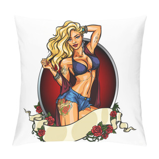 Personality  Party Girl In Bikini. Label With Ribbon Banner. Pillow Covers