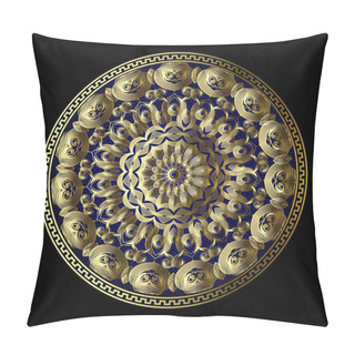 Personality  Gold Lacy Greek Vector 3d Mandala Pattern. Round Lace Floral Background. Vintage Ethnic Style Design. Gold Paisley Flowers, Leaves, Geometric Shapes, Lines. Textured Ornate Greek Key Meanders Ornament Pillow Covers