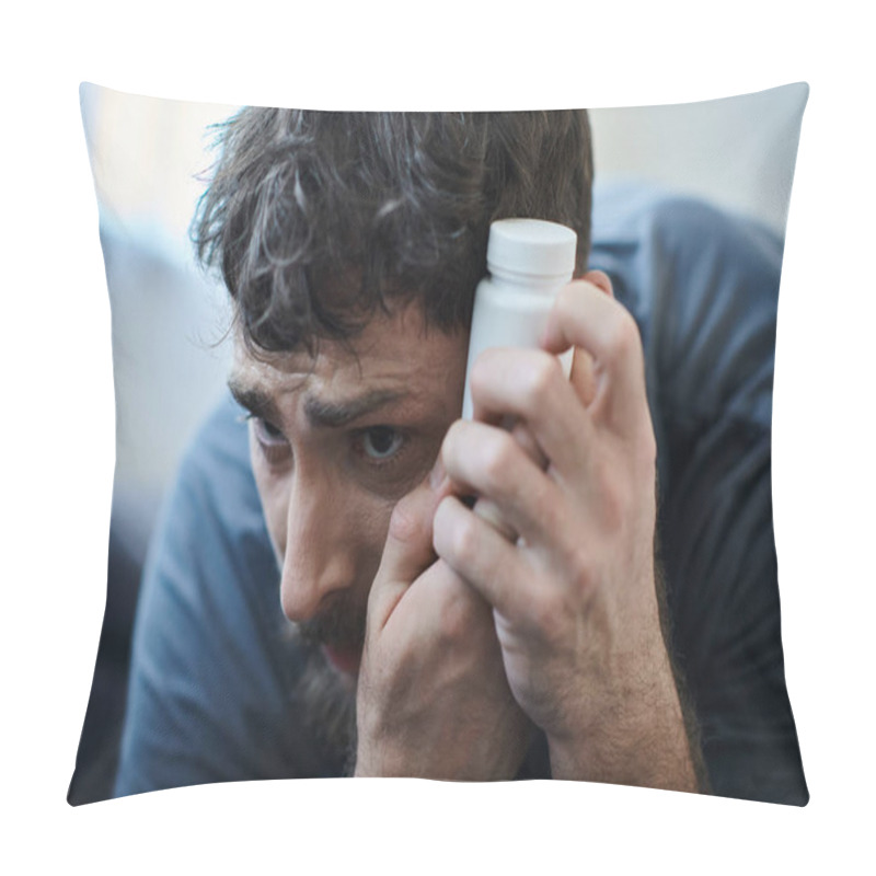 Personality  Desperate Man Holding Pills During Depressive Episode With Self Harm, Mental Health Awareness Pillow Covers