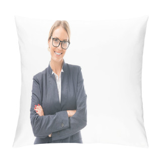 Personality  Smiling Young Businesswoman Crossed Arms Looking At Camera Isolated On White Pillow Covers
