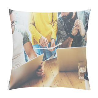 Personality  Business Startup People Brainstorming Process.Coworkers Making Great Decisions.Young Bearded Hipsters Team Discussion Corporate Work Concepts.Creative Manager Analyze Project Wood Table Modern Office. Pillow Covers