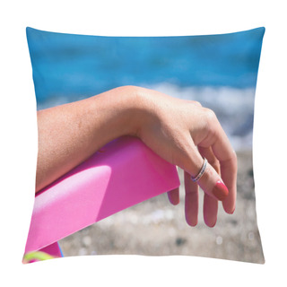 Personality  Woman Relaxes On A Deck Chair, Beach, Facing The Sea Pillow Covers