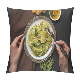 Personality  Top View Of Woman Eating Delicious Green Ravioli With Sage And Pine Nuts At Black Wooden Table Pillow Covers
