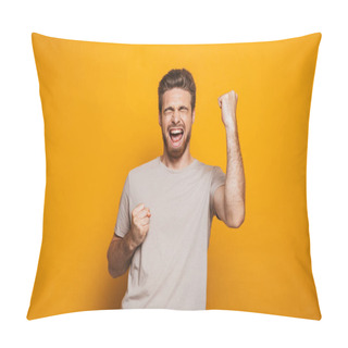 Personality  Image Of Handsome Happy Man Standing Isolated Over Yellow Wall Backgroung Make A Winner Gesture. Pillow Covers